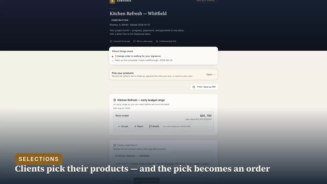 Sawhorse customer portal for selections and approvals