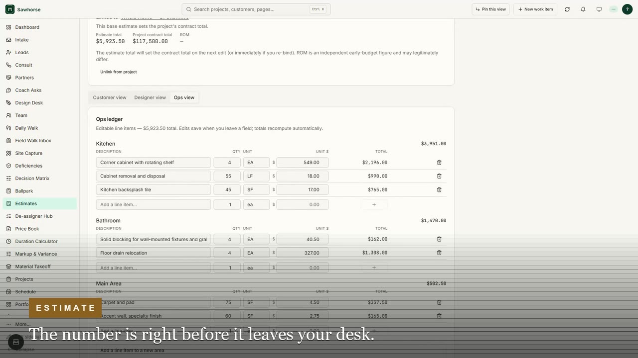 Sawhorse estimate screen with itemized scope and pricing